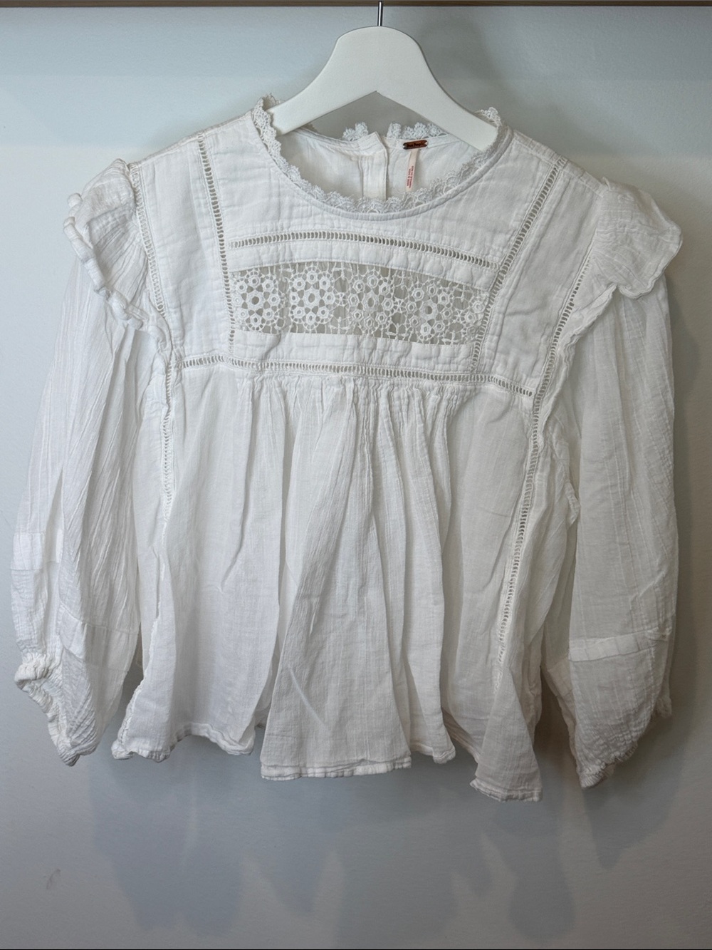 Free People White Lace-Trim Peasant Top